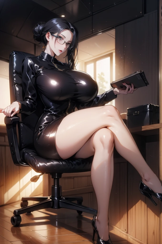 Brown short hair Glasses Black striped white blouse Black tight skirt stockings (Strap ID Card) 50 years old 赤いルージュのplump唇 Round face plump (eye contact) ((Mature woman sitting cross-legged at computer desk in office)) Toes Sweaty sexy body ((Patent black knee-high boots)) Shooting from a low angle masterpiece 8k Drawn from a low perspective, as if seen from directly below ((MILF tries to trample me with her patent leather boots)) ((only))