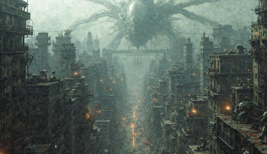 city of merging organic forms, creeping cables and pipes , in style of Dan Seagrave, H. R. Giger, Zdzisław Beksiński with cinematic lighting, background cloud storm inspired by jeffrey smith