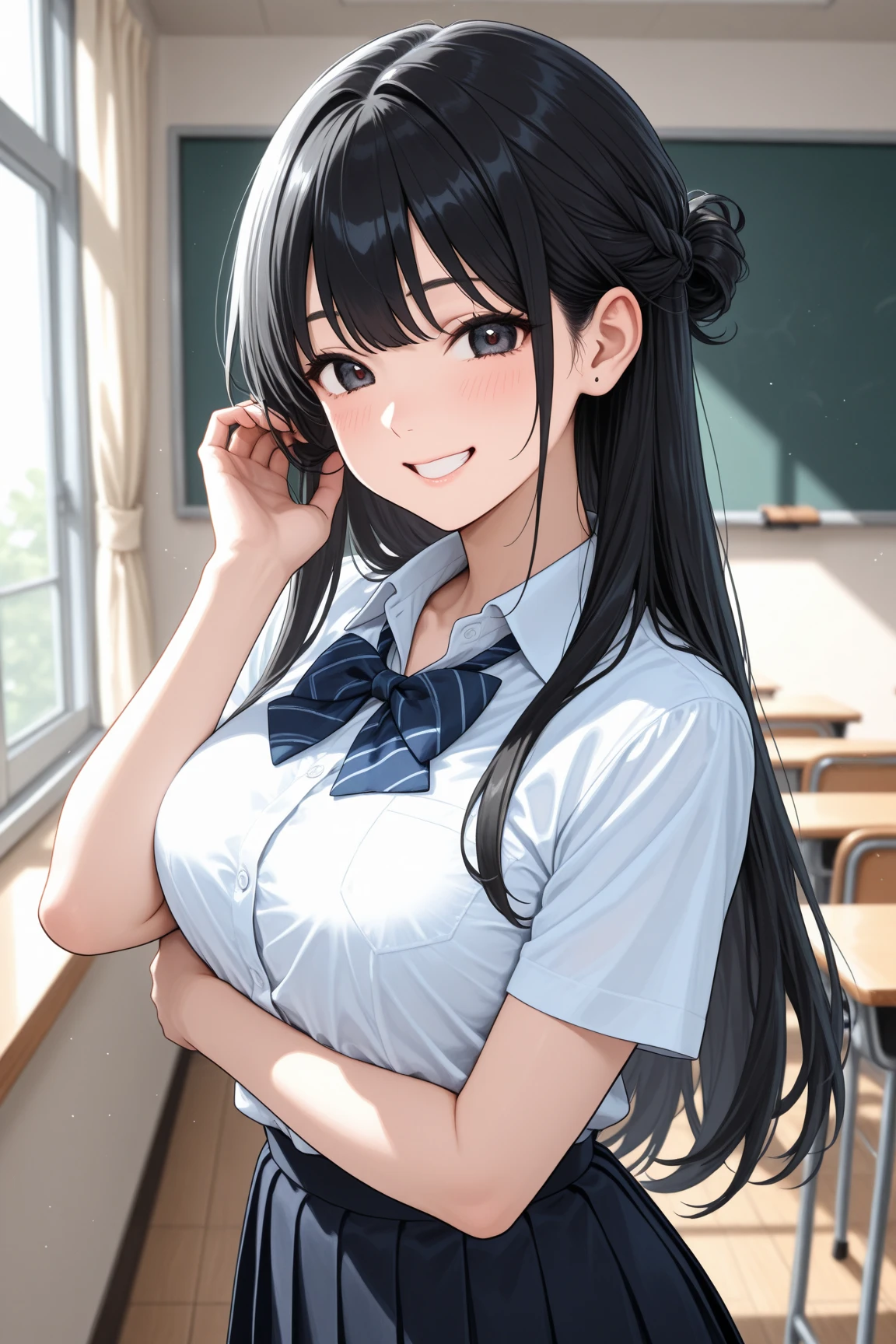 high school girl、Dressed in high 、School classroom、(Big Breasts)、Grinning face、((solo))、smirk