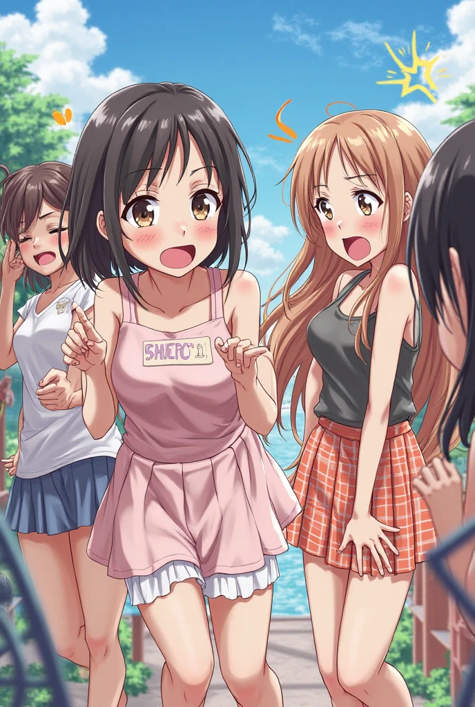 Four sisters with big breasts wearing cute underwear and cute bras、Cute underwear visible when light blue skirt is lifted、A bra clinging to a plain, soaked white T-shirt、Soaking wet T-shirt、White and light blue checked bra、White underwear with cute ribbon、Sandy beach, calm and clear sea and blue sky、barefoot