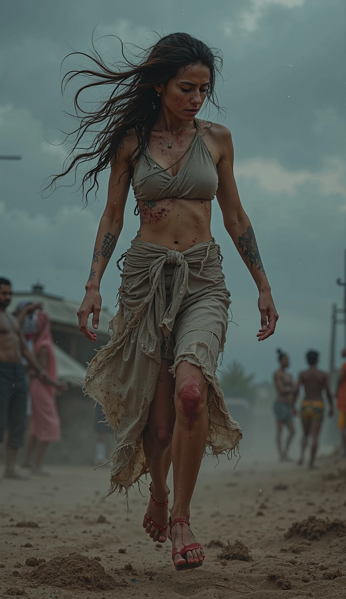 hyper ultra realistic photographs full body of Moonlight paints streaks of silver across sweat-slicked skin as the warrior dances through a swarm of enemies, her bare feet silent on the blood-soaked earth. ratio 16:9, 4k, 8k resolution, High quality photo, high detailed images