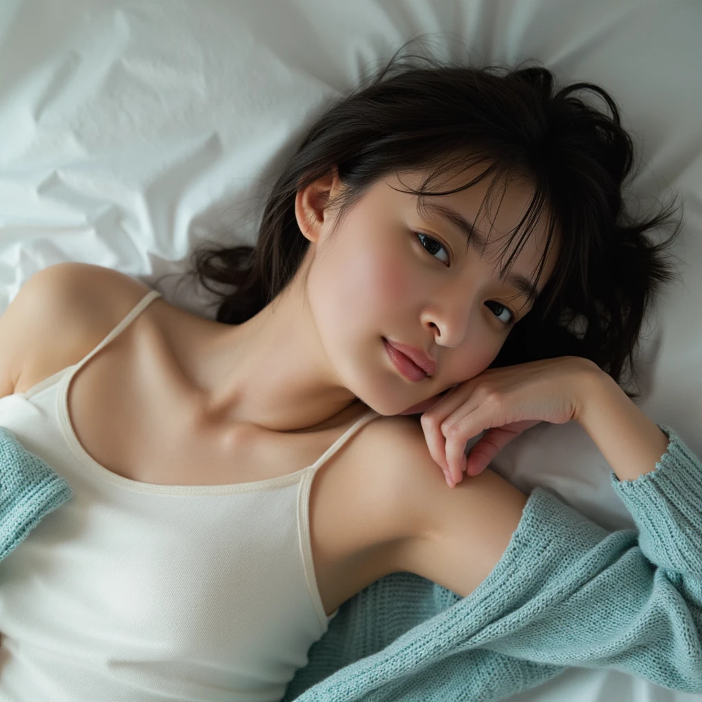 Mujer con una pijama que se le transluce sus pechos, se le ven los pechos,. Se le ven los Pezones, translucent pajamas, pelo corto, pijama abierto