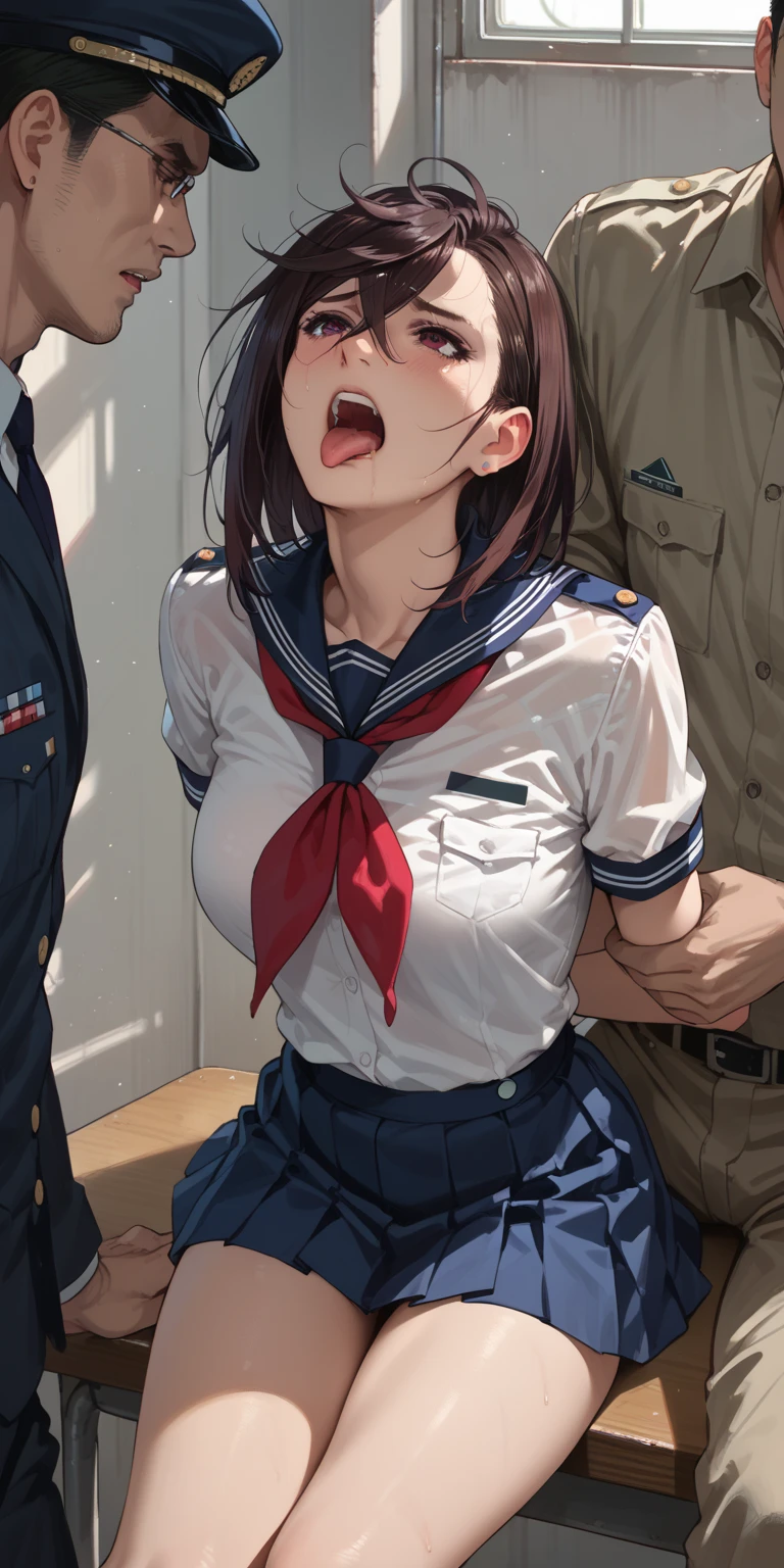 8K, highest quality, masterpiece, Very detailed, Ultra-high resolution, Realistic, RAW Photos, Absolute Resolution, 1 Girl, hetero, Black Hair, Bobcut, Bangs, 1 boy, sex, penis, vagina, Put your arms behind your back, improvised gag, bound, Straddle, Cowgirl,Top girl, bondage, BDSM, Indoors, Completely nude, Gagged, Shiny, Elesys (El Sword), blush, Pussy, bangs, Dutch Angle, bound arms, Spread your legs, rope, Focus Only, Shiny hair, (White headband:1.4), (Small breasts:1.3), Crying face, Tears, 18 years old, (long-sleeved sailor uniform:1.4), (Black Stockings:1.4), (Sailor uniform on upper body only:1.4),