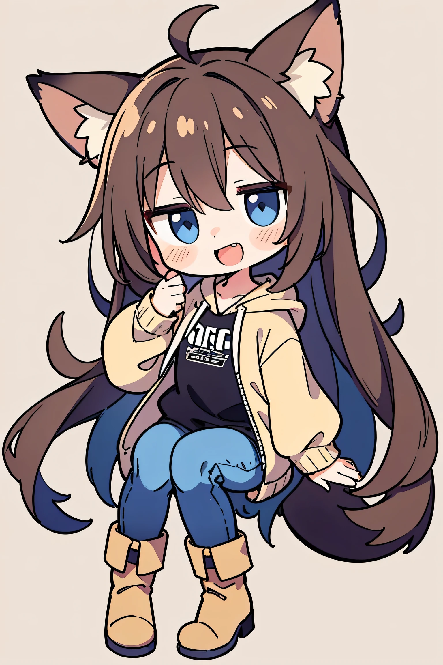 Anime Style、 cute face、 1 woman、 fox ears、 caramel brown hair、tail、long hair、 beige hoodie、jeans、boots、blue eyes、simple background、Chibi Characters、smile、opening mouth