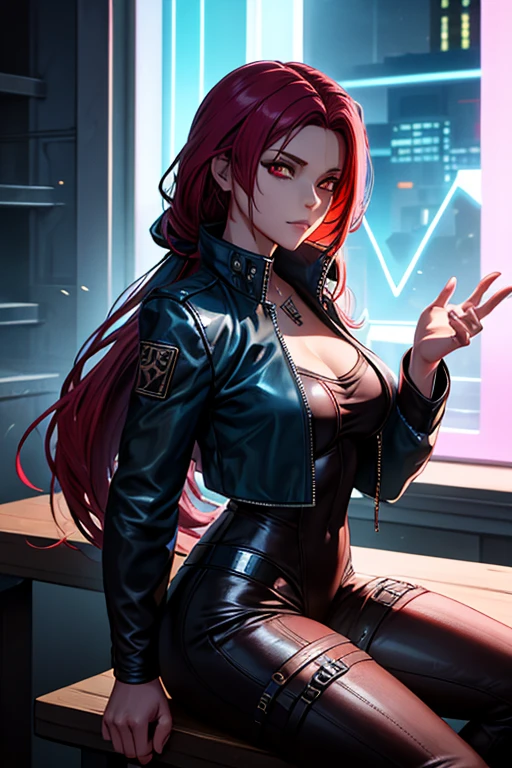 A 30-year-old woman, cabello rojo ondulado, piel clara, ojos verdes como esmeraldas, pechos grandes, Cyberpunk glossy latex set negro, selfi, , pechos grandes. cuerpo completo. manos perfectas.
