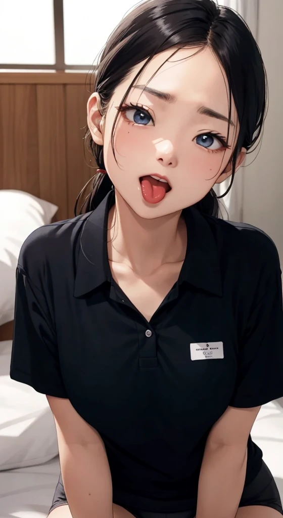realisticlying、Two 45-year-old girls、Wearing a white polo shirt,Face enhancement,Chest super large zoom,Cleavage emphasis,Looking up from the bottom,pinking of hair,Blue eyes,darkens the skin,African、Blushing,Red lips,A sexy,Bed sit,stick out your tongue and open your mouth wide、Banzai、Wearing underwear,Wrinkles between the eyebrows,Sweaty face