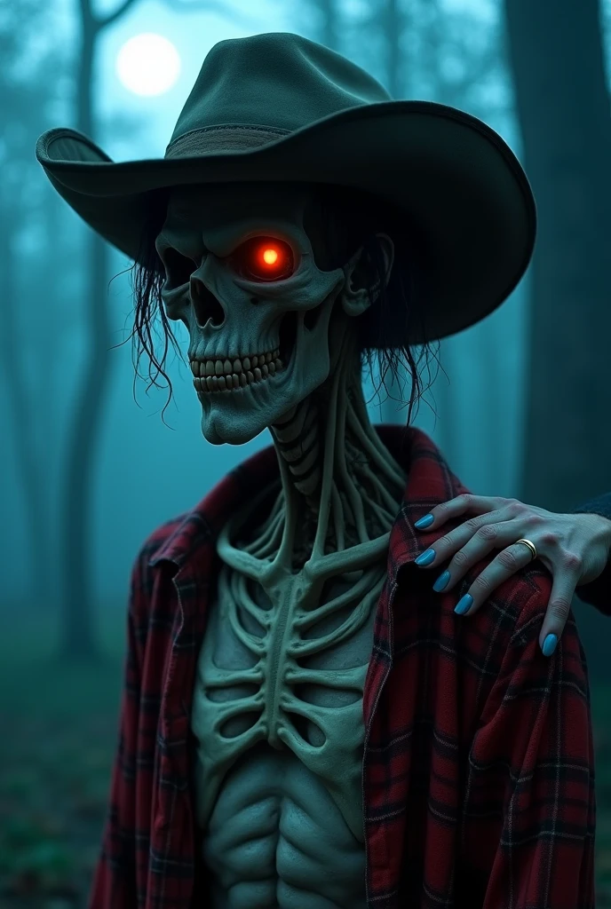 scarecrow on the field,horror scene,very epic,highly detailed,cinematic lighting,dramatic composition,moody atmosphere,dark and ominous,gloomy stormy sky,dead wheat field,crows flying overhead,twisted and gnarled scarecrow skeleton skull strawhead,red glowing eyes. Wear shirt .menacing presence,visceral and unsettling,gothic and supernatural,chiaroscuro lighting,painterly and atmospheric,dramatic shadows and highlights,photorealistic quality,8k resolution
