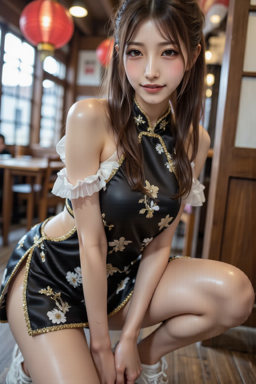 /*Quality writing*/
of the highest quality, 16 K, masutepiece, hyperdetailed face, very detailed lips, Detailed eyes, Realistic pupils, award winning photography, 
BREAK,
/*Characters and expressiontremely beautiful girl, Asian model, 1 girl, she is matured 28 years old girl, Light on Face, (pony-tail hair), (smile), 
BREAK
/*garments*/ (((Black Cheongsam))), ((chinese traditional dresses)), qipao dress, one piece dress, white panty, 
BREAK
/*the pose*/
(Lift the hem of the skirt, Lift the hem of the skirt with both hands, Lift the hem of the skirt yourself), nice hand, Perfect hands, sexy pose, 
break
/*Angular posture*/
Shanghai Street, Cowboy Shot, Looking at Viewer, photo shots for magazine,