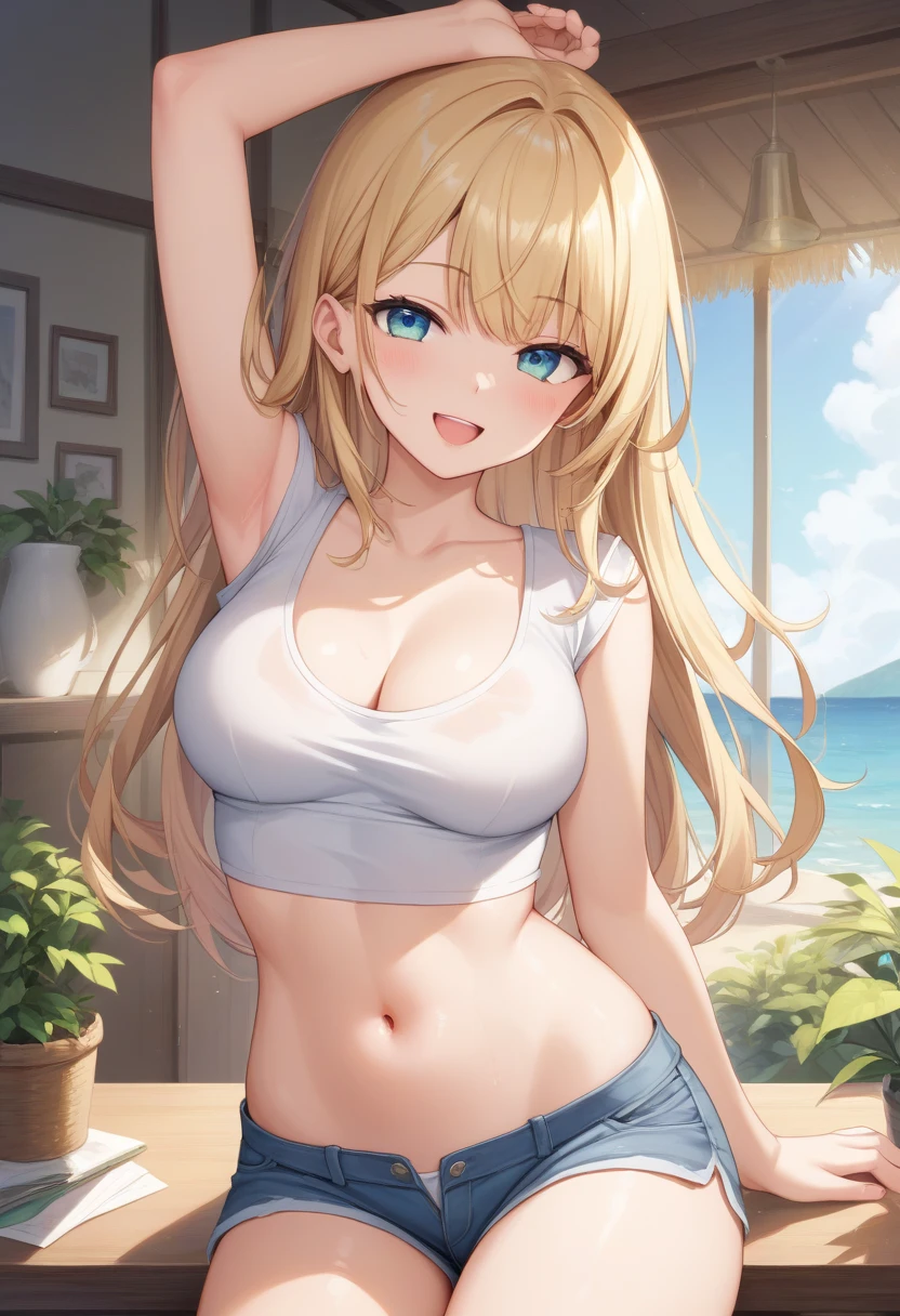 Beautiful blonde、Beautiful blue eyes、Tube Top、shortpants、a choker、Selfie wind、selfee、piece、piece sign
