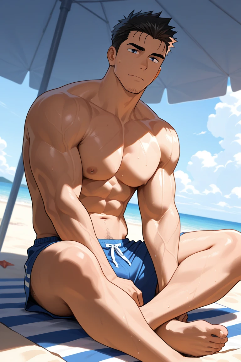 facial expression like masturbation, 1boy, bikini, Tight muscles, Broad shoulders, Handsome and old, Tiny underwear, Sexy, sex, Guy, Gay, Sea,