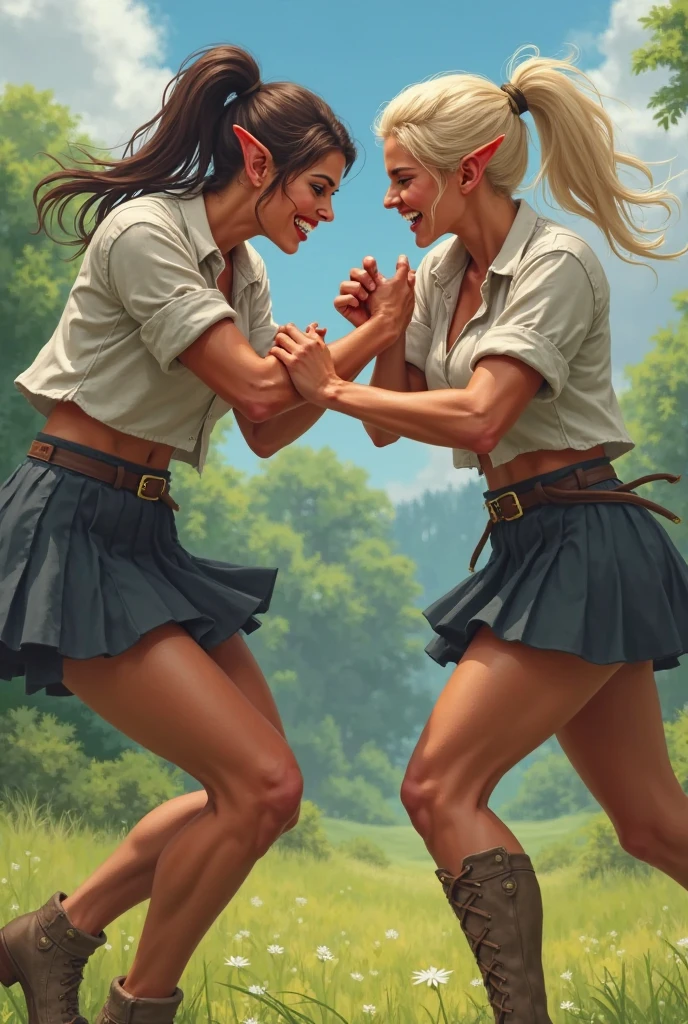 Manga comic sensual brunette girl Straight loose hair, blue eyes white t-shirt, black tabled skirt In a sensual pose, she teach self defense knee with a woden dummy (bigboob) (wet t-shirt) (highly detailed) (concept art) (manga) (anime) (draw) (face anime detailed) (comics)