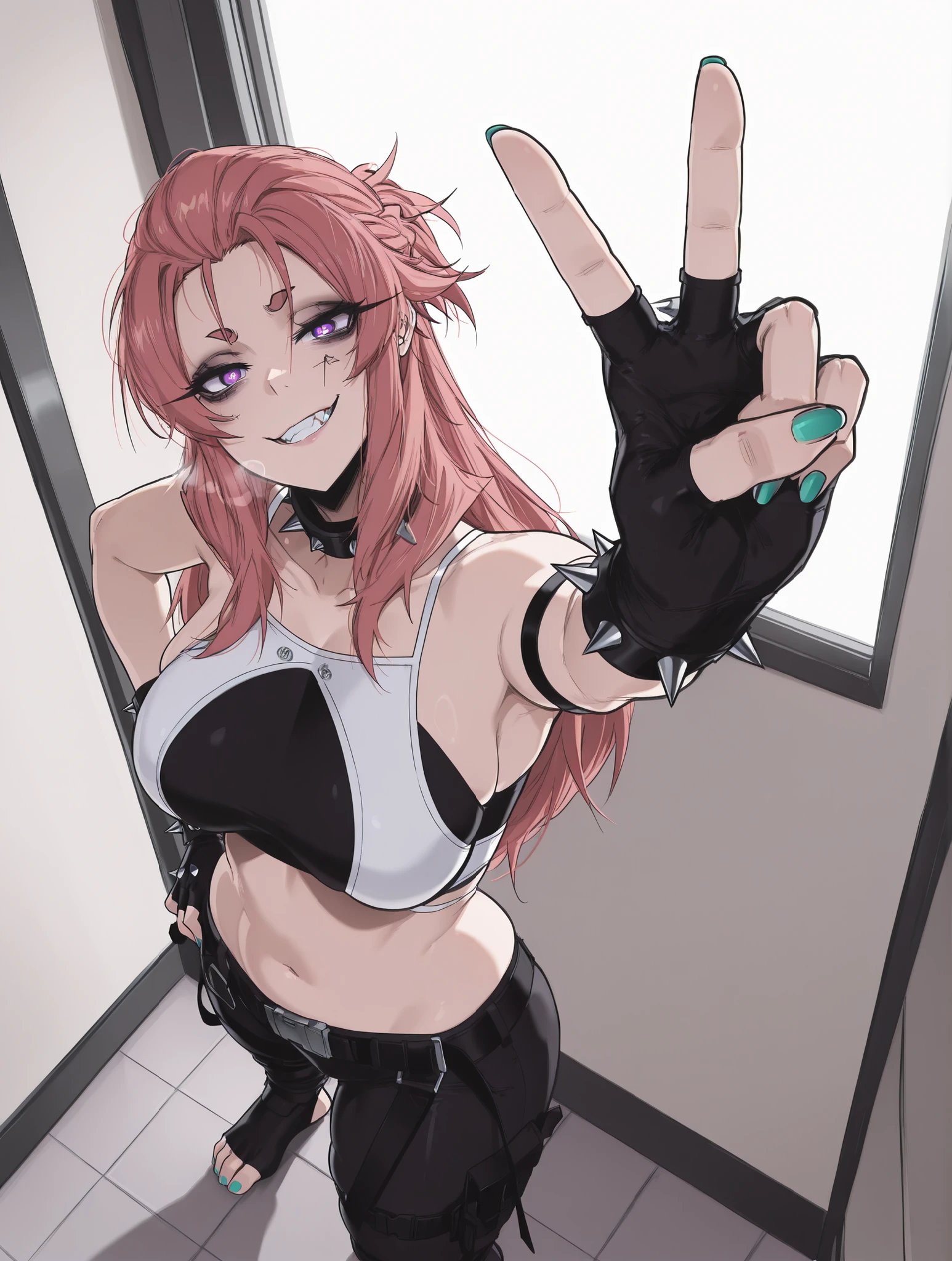 ace_glitch, Anime-style , anime coloring, anime screencap, ((Cinematic, unreal engine, eye-catching, ambient occlusion, UHD, masterpiece)), ((perfect lighting, rim lighting)), comic, score_9, score_8_up, score_7_up, score_6_up, score_5_up, score_4_up, uncensored, detailed background, vignetting, masterpiece, Cinematic, high quality, absurdres, best quality, very aesthetic, newest, digital art, trending on ArtStation, ((anatomical correct)), perfect body, perfect eyes, perfect fingers, gasping, heavy breathing, gasping profusely, cinematic, ((skindentation)), ((curvy)), Mmananakiri, mature female, long hair, ((half updo hair)), ((dark-pink hair)), purple eyes, short eyebrows, thick eyebrows, big breasts, plump, bright pupils, 1girl, spikes, solo, gloves, fingerless_gloves, spiked_collar, spiked_bracelet, nail_polish, bracelet, collar, jewelry, v-sign, looking_at_viewer, breasts, navel, toenails, aqua_nails, foreshortening, smirk, pants, toenail_polish, belt, from_above