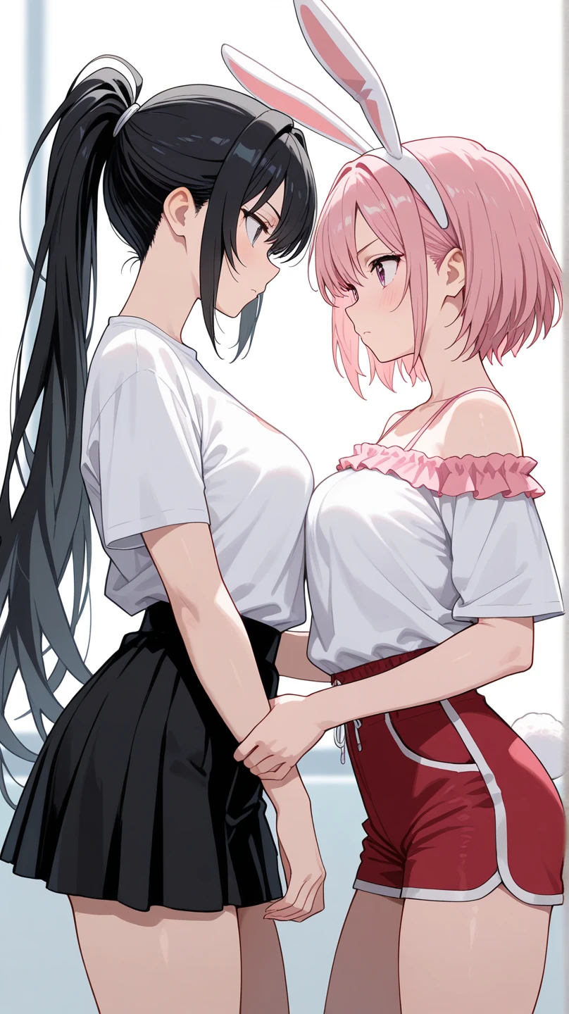 Two women having fun on outdoor bench, lewd: 1,2, hentai: 1,2, NSFW: 1,2, lesbian lilies: 1,2, grabbing each other's ass, kissing, blushing, wet sleeveless t-shirt, shorts, anatomically correct