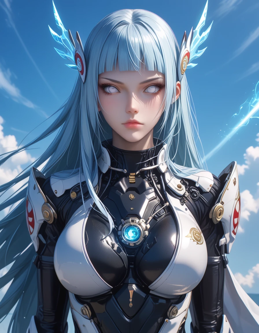 ((RAW image quality:1.4))、8K resolution、Ultra-high-definition CG images、highest quality、masterpiece、ultra high resolution、(realistic:1.4)、1 girl、(light blue hair)、straight hair, beautiful shiny hair、white and glossy skin、Huge , (cleavage:1.4)、Underboo Boo, abs, Sexy Cyberpunk Girl、headset, ((Ultra realistic details))、shadow area、octane rendering、super sharp、super detailed face、fiberglass、glowing tube、very intricate details、realistic light、CG Society Trends、((golden eyes))、(towards the camera)、Neon details Mechanical rim mechanical vertebrae attached to back、Mechanical neck that attaches to the neck、Wires and cables connecting to the head、space background、between legs、cowboy shot,