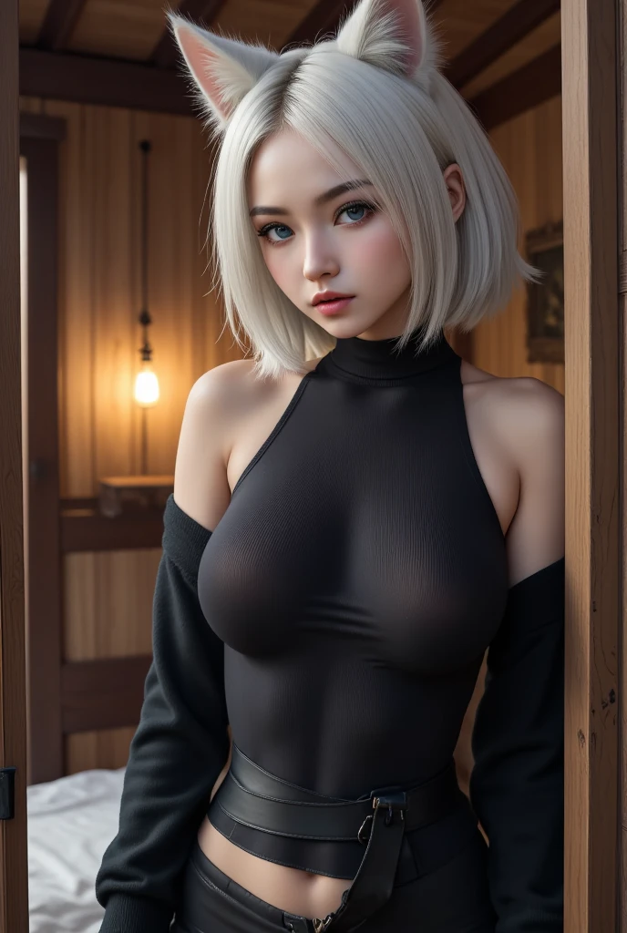 photorealistic, high resolution, 1 girl, white hair, korean, blue eyes, white shirt, skimpy tight black shorts, thick thighs