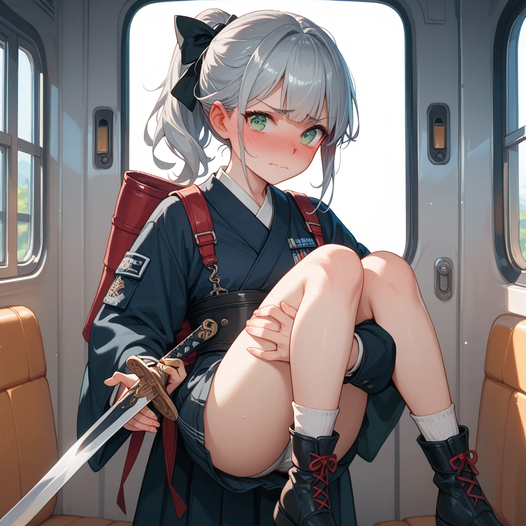 NSFW,(One girl:1.5),miorine1、miorine rembran、Asticasia uniform、solo、Long Hair、Grey Eyes、Grey Hair、Ahoge、Seamed legwear、green micro mini skirt、tie、bangs、Hair between the eyes、Black Pantyhose、Long sleeve、Green jacket、Floating Hair、赤いtie,(Perfect hands),(Perfect Anatomy),(masterpiece),(Highest quality),Embarrassed,blush,(train:1.8),(Being molested:1.5),(Sexual pleasure:1.7),(Loose look:1.5),Are standing,(男性が背後にAre standing:1.5)