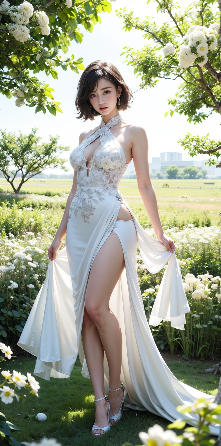 ulzzang -6500-v1.1, (Raw photo:1.2), (Photorealsitic), (Best Quality, masutepiece), Popular actresses、1girl in, Pose, game_nffsw, Party Dresses、buns hair、Classy makeup、elegant long dress, Ultra-realistic skin texture、shinny skin、