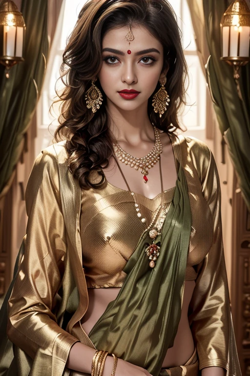 ((Best quality, 8k, Masterpiece :1.3)), Sharp focus :1.2, Generate a realistic image of a beautiful sexy Indian woman plus size body: 8.5 (masterpiece like a princess) (body like divine girl) dressed divine clothes pink skirt and print green v neck plus size giant blouse + belt, adorned with traditional ornaments, standing in a well-lit room with cinematic lighting. ((Front view, random elegant pose)), and there is a sense of grace and elegance in her posture. The background should complement the scene, enhancing the overall aesthetic appeal of the image. Photography by Brandon Woelfel, Full shot: Canon EF 16-35mm f/2.8L III USM lens on a Canon EOS 5D Mark IV camera, ultra realistic, 32k, HD