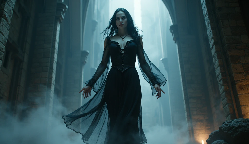 Gothic and sexy vampiress in a dungeon with a giant number of bloodthirsty ghouls waiting for their surreal anime mistress
