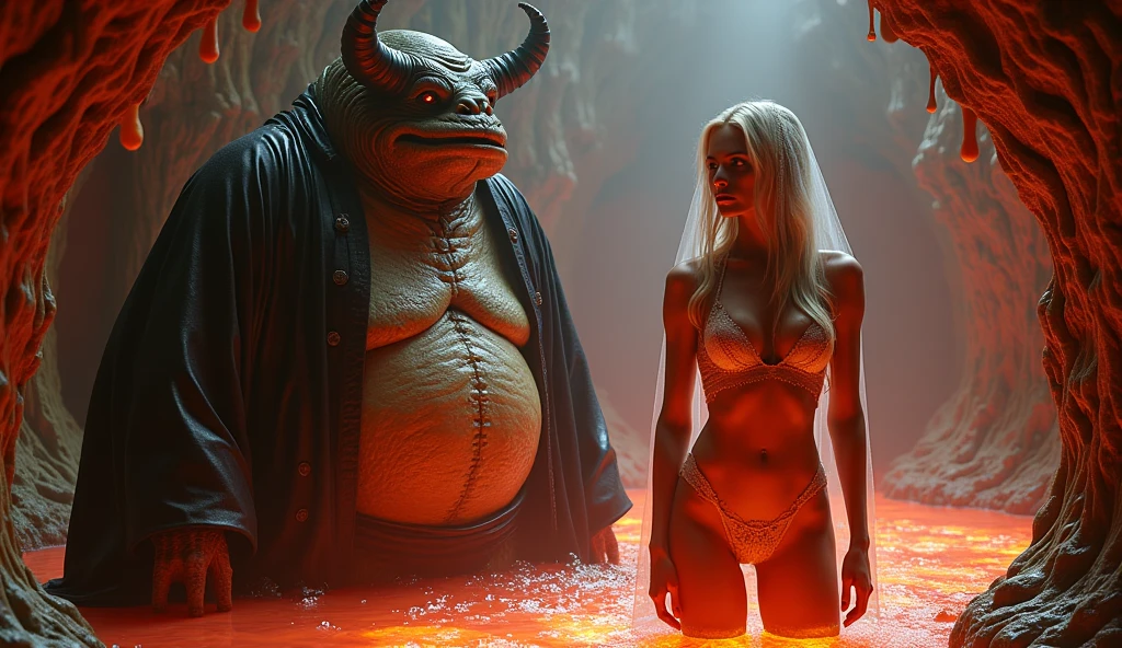 A realistic photo featuring a handsome, muscular, tall man with white-colored tattoos covering his well-built body. This man has the head of Hellboy, with striking red skin, and is seated on an imposing throne. In his lap sits a beautiful blonde Italian woman with fair skin, exuding elegance and intimacy. Surrounding the throne, there are fallen and defeated characters, including a mighty King Kong, a fierce warrior panda, a battle-hardened raccoon, and a brave otter, all lying on the ground in defeat. The throne itself is a symbol of power, with a gold-plated AK-47 resting beside it, emphasizing the character's dominance. The man holds a pipe in his mouth, with smoke gracefully rising upwards, adding to the atmosphere of authority. On the back wall, a painting stands out, with the words "BATUHAN BEY" written in blood, signifying a powerful and dramatic narrative