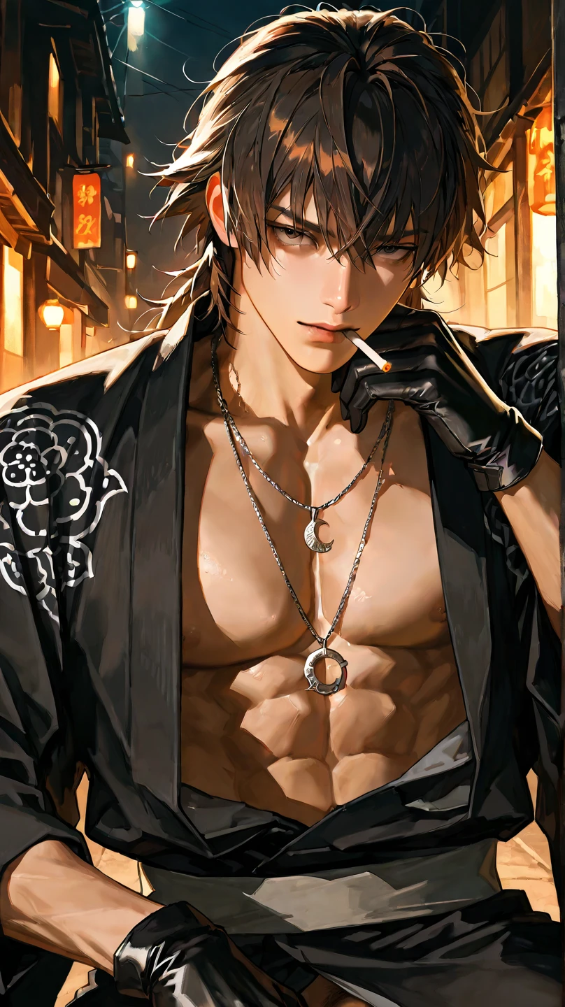 An 18 year old BOY; Clear Skin; Italian; anime style; black hair; black, penetrating eyes; with tattoos and wearing a black blouse; his distant look 2D; with a provocative smile; bad boy, He has a piercing on his lip and wears earrings, his hair is medium length and his tattoos are on his neck and arms.