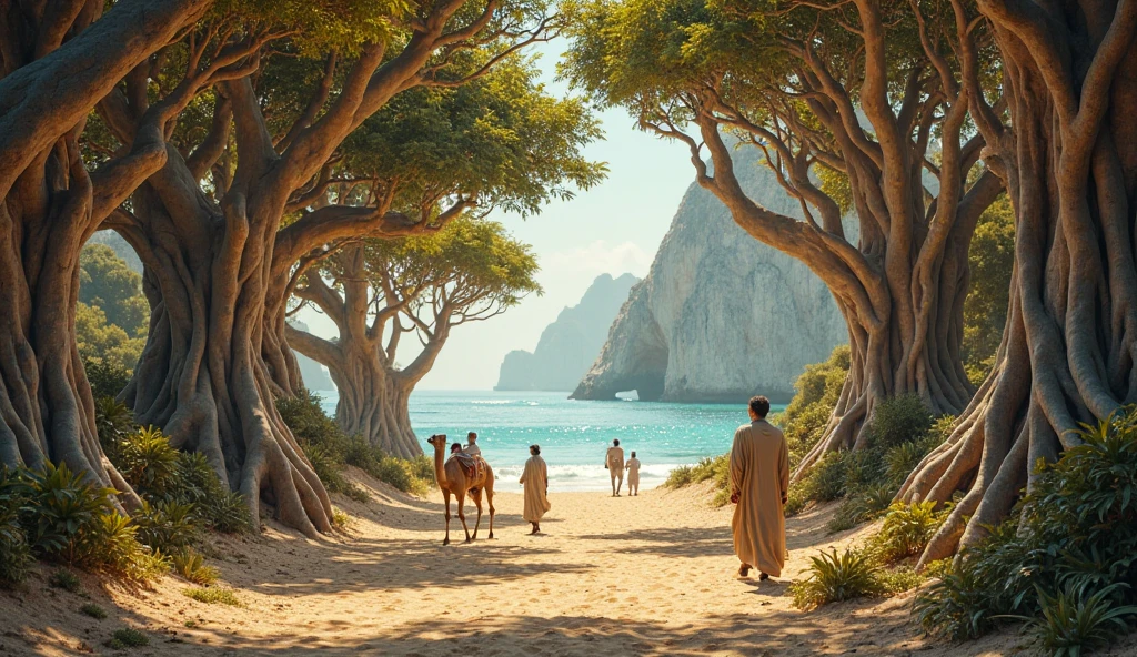 Naked plump white-skinned woman with brown hair with a white-skinned man walking along a dusty road with baobabs in Madagascar, full-face
