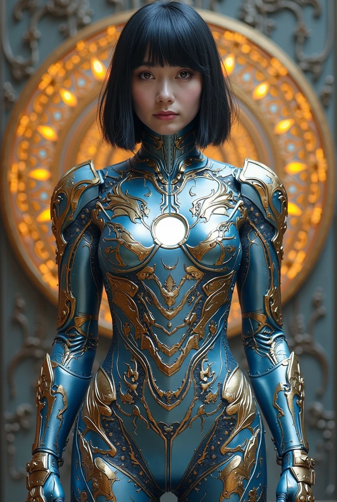（photorealistic 1.4）、1 girl, (Half Light Blue Gold Iron Man:1.2)Japanese woman wearing multiple layers all over her body( Orichalcon Heavy Metal :1.2)、recreates the intricately shaped Iron Man suit in detail、Add Sanskrit characters to suits、Make the Sanskrit characters glow black、no underwear、(( Insanely Detailed Kongo Weapons 、Kameru：1.4))、perfect anatomy、Marvel's worldview、Detailed mandala background、glowing skin、Nipples、black hair、Straight Short Bob Cut Hair、 Please make your head smaller、full body、