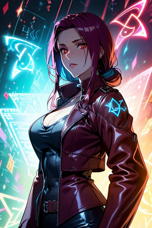 20 year old woman, busty, bubble butt, hourglass figure, skinny, blushing, shocked expression, horny, seductive, long hair, red hair, ponytail hair, wearing black headphones, white dress, cocktail dress, cropped jacket, biker jacket, black tights, black heeled boots, tight fitting clothing, cleavage, anime, city at night, outside, headphones, punk, punk style, punk hair, holding staff, magic, sorceress, flowing magic, energy, swirling energy, lights, swirling magic, surrounded by energy