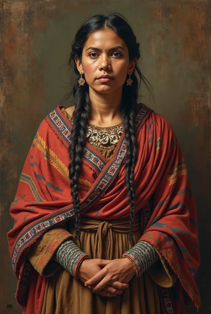 A beautiful indigenous woman with folded arms, cabelos pretos longos cacheados com franja, rosto bonito, imagem alto detalhe, simetria, Muitos detalhes, corpo inteiro, corpo definido, Realismo, Cinematic lighting, super detalhe