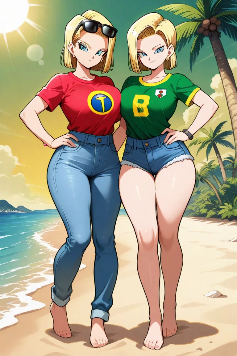 two sexy women looking down at 4 boy with blonde hair, seductive smiles, portrait, various hair