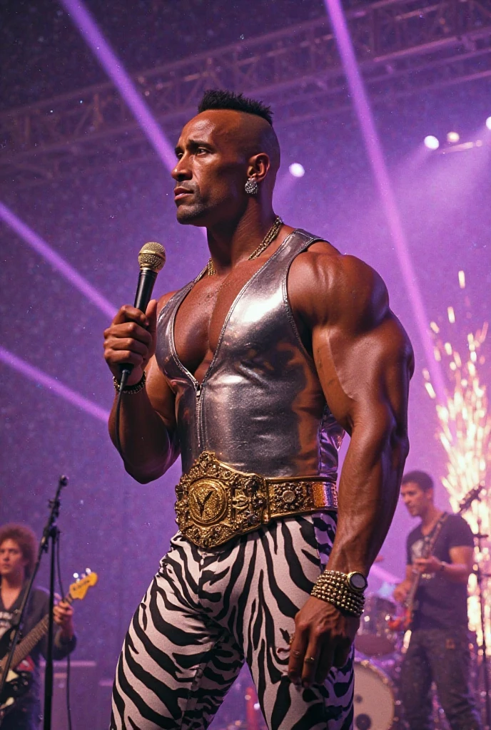 RAW photo, photography, photorealistic, RAW photo, Actor The Rock working as a singer on a lit stage, enthusiastic crowd around, explosion of colors from the spotlights, showing the energy and passion of his performance, Photography, 24-70mm zoom lens