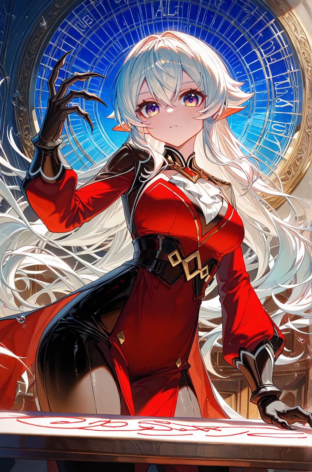 White Hair, Long Hair、Red eyes ,Blue eyeshadow, One Girl, alone, , Earrings ,Show Viewer, blush, , long white elbow satin gloves, Clothing covering the chest Jewelry, very, A kind smile, Long white elbow gloves, White gloves, 、whole body、sexy、Knee-high socks、Sweaty。High resolution、8k、Attractive legs、Brown Skin、Elf