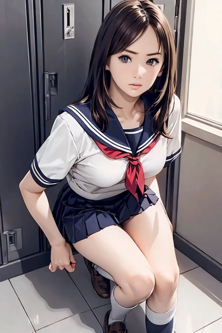 (locker room), young teen, (school uniform) , slim, small breast, dark hair, ((looking over a shoulder:1.4)), white panties, (mini skirt:1.1), vibrant color palette, serene expressions, peaceful introspection, modern understated elegance, simplicity and purity, tranquil atmosphere, digital painting, ultra fine, (no panties:1.4), sitting, (spread legs:1.3)