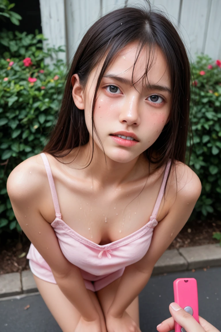 group of friends,(masterpiece, highest quality:1.2), 8k, Absurd, (Upper Body:1.2), violet, Gardenia, beautiful girl, (Pretty face, Detailed face:1.2), (Crochet Halter Tank Top:1.2), View your audience, Film Grain, chromatic aberration, Sharp focus, High resolution, Face Light, (Simple Background, Dull Blue Background:1.3),((naked)),12-years old,, in bath room ,beautiful nude ,white under wear ,full body ,nipples ,ponytail, short hair,