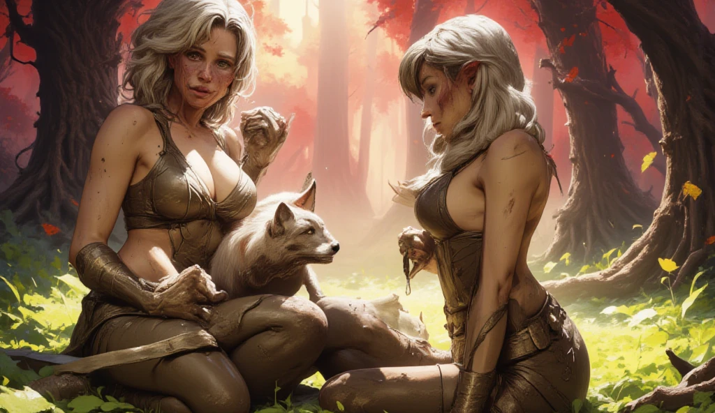 A fierce wild elf Zuleyka with long red hair, pointed ears, green eyes, freckles, thin lips, round face, large bust, wide hips, toned arms and thighs, wearing a light silver armor, fish scale mail covering the bust, silver pauldrons, tattered leather loincloth, long leather gloves, long leather boots, holding a serrated blade sword, an aggressive and feral character, taming saber-toothed tigers Mabu and Gobu as her pets.