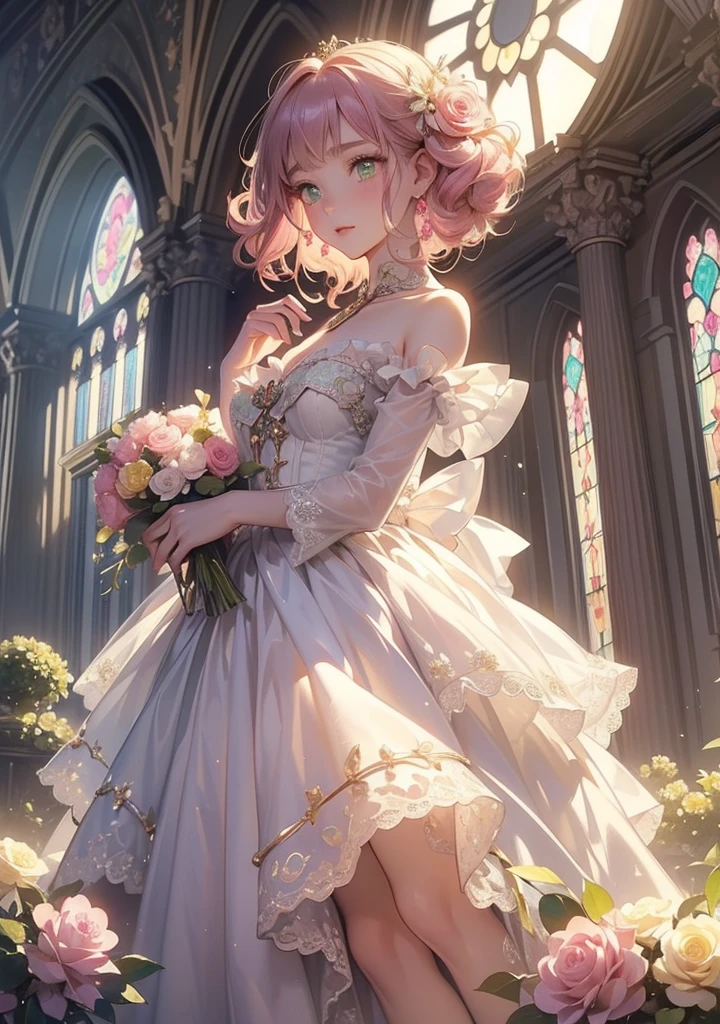 A stunning June bride in her black lace wedding gown looking back with ((joy)),cleavage,true to life image, 1 girl, solo, Layered Bob, (Blonde and Pink Hair), Purple Clear Eyes,(Highest picture quality), (master's work), (realistic), ((extremely detailed CG unity 8k)), (((masterpiece))), (((ultra-detailed))), (best quality:1.4), (cinematic lighting), (illustration), (beautiful detailed eyes), (hyper intricate fine detail), (Highest picture quality), (master's work), (top quality), (beautiful and aesthetic), nsfw:0.5, (front of church), floating dress, (floating hair), (outdoors), ((batafly confetti)), (beautiful sunlight),