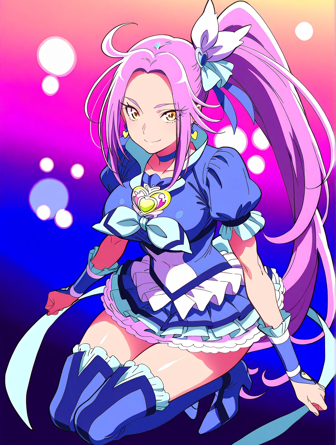 score 9 、score 8 up、score 7 up、source anime、masterpiece、Highest Quality、high resolution、anime coloring、1girl、cure beat、blue dressを着たpurple hairの女性、solo、purple hair、side ponytail hair、high ponytai lhair、very long hair、parted bangs、stupid hair、yellow eyes、eyelash、shiny hair、 hairpin、hair bow、earrings、blue dress、frilled dress、purple neckwear、 purple choker、Long Legged 、big breasts、large breasts、Covered trapezius、tall girl、blue puffy short sleeves、frilled sleeves、Bare Thighs、blue mini skirt、frilled skirt、layered skirt、white mini skirt under the blue mini skirt、wrist cuffs、purple neckwear、 purple choker、jewelry、heart brooch、 blue legwear 、blue thighhighs、blue footwear、knee boots、high heels、Sparkling Magical Girl、sexy atmosphere similar to bokeh effect、Ultra Mega Super Hyper Sexy、!!full body portrait!!、wrist cuffs、biceps、biceps long head、biceps short head、triceps、triceps medial head、triceps lateral head、triceps long head、brachioradialis 、deltoids、covered deltoids、thigh muscles、semitendinosus muscles、covered adductor magnus muscles、cool smile、sexy smile、Magical Girl Style、sexy female、lewd female、cool beautiful、Magical Aura、cool sexy、perfect body、perfect hands、perfect arms、perfect legs、woman's focus、looking at viewer、solo focus、cure beat outfit、cowboy shot、beefcake style、blue background、purple background、two tone background、gradient background、multicolored background、