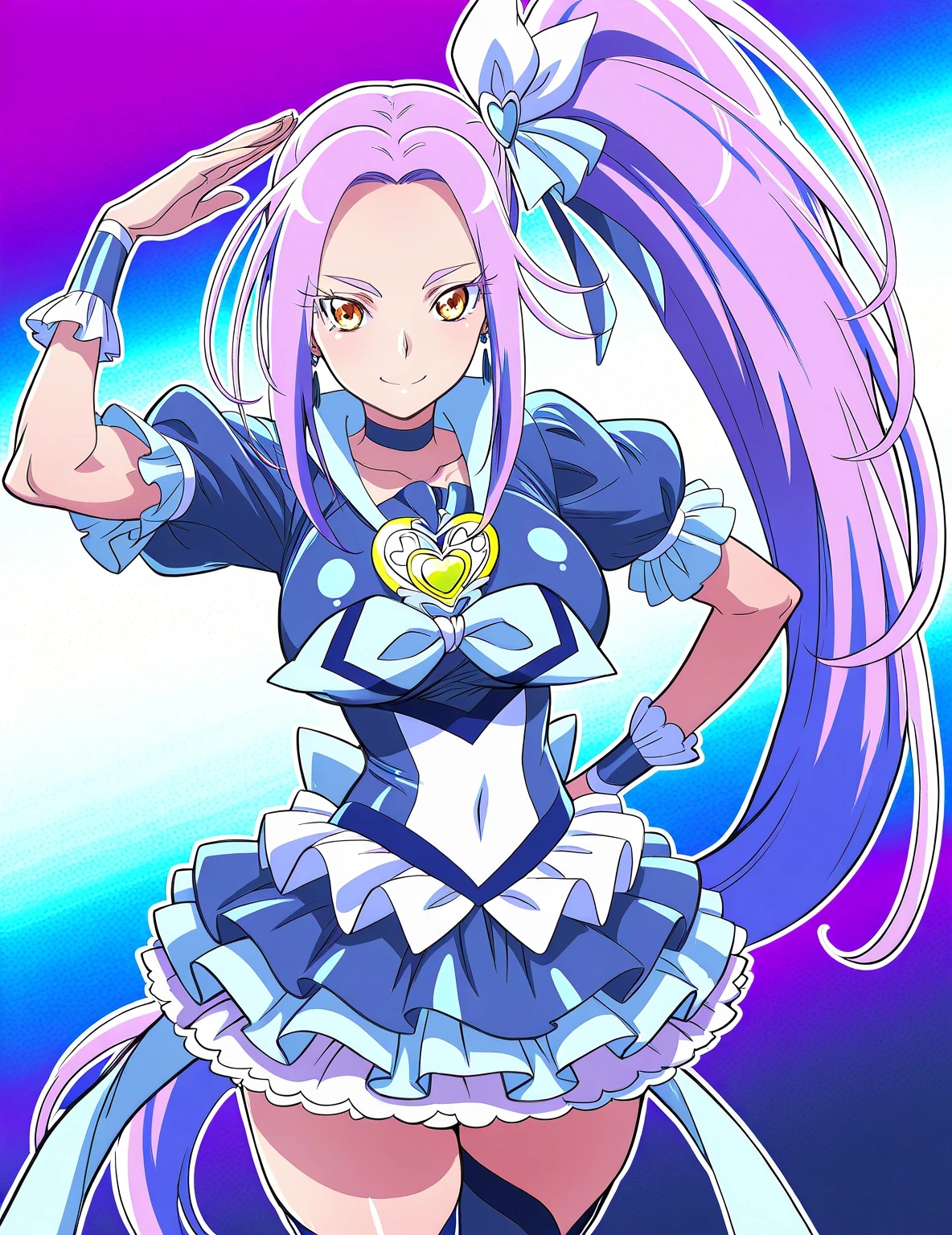 score 9 、score 8 up、score 7 up、source anime、masterpiece、Highest Quality、high resolution、very detailed face、 very detailed eyes、anime coloring、1girl、cure beat、woman in navy blue dress 、beefcake standing、purple hair、side ponytail hair、high ponytai lhair、very long hair、parted bangs、stupid hair、yellow porn、eyelash、shiny hair、 hairpin、hair bow、earrings、solo、The girl of the zodiac、Magical Girl、portrait The girl of the zodiac、Long Legged 、big breasts、large breasts、tall girl、navy blue puffy short sleeves、frilled sleeves、Bare Thighs、navy blue mini skirt、frilled skirt、layered skirt、white mini skirt under the navy blue mini skirt、wrist cuffs、purple neckwear、 purple choker、jewelry、heart brooch、navy blue legwear、navy blue thighhighs、navy blue footwear、knee boots、high heels、frilled dress、!!full body portrait!!、 Magical Girlのスタイル、cool beautiful、Magical Aura、cool sexy、Anime Princess 、naughty anime style、cure beat outfit、hymn to the king as a princess、Covered trapezius、biceps、biceps long head、biceps short head、triceps、triceps medial head、triceps lateral head、triceps long head、brachioradialis 、covered deltoids、thigh muscles、semitendinosus muscles、covered adductor magnus muscles、cool smile、sexy smile、perfect body、perfect hands、perfect arms、perfect legs、looking at viewer、female focus、cowboy shot、beefcake style、blue background、purple background、two tone background、gradient background、multicolored background、