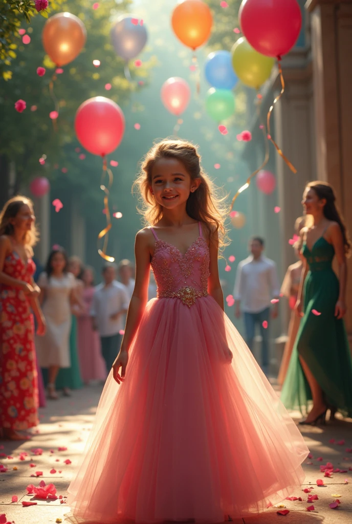 14k, full body, A walking human baby,Wearing a long pink dress、Gorgeous、Princess、The shoes match the dress、A glittering crown、Lovely long hair、Smiling、ボリュームのあるドレスAn audience taking photos and clapping., bright fashion showroom, seated audience, diagonal shot --v 6.1 )