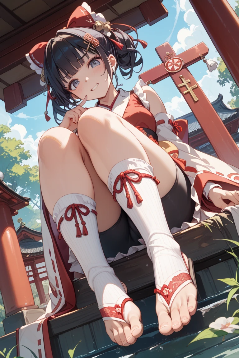 masterpiece, best quality, absurdres, cinematic lighting, Hakurei Reimu, 1girl, solo, blush, smile, looking at viewer, five fingers, detail fingers, medium breasts, hair bow, hair tubes, red sleeveless cheongsam, white thighhighs, white panties, no shoes, shrine, outdoors, sky, day, cloud, pov, sitting, hugging own legs, arms behind head((large breasts sagging breasts))