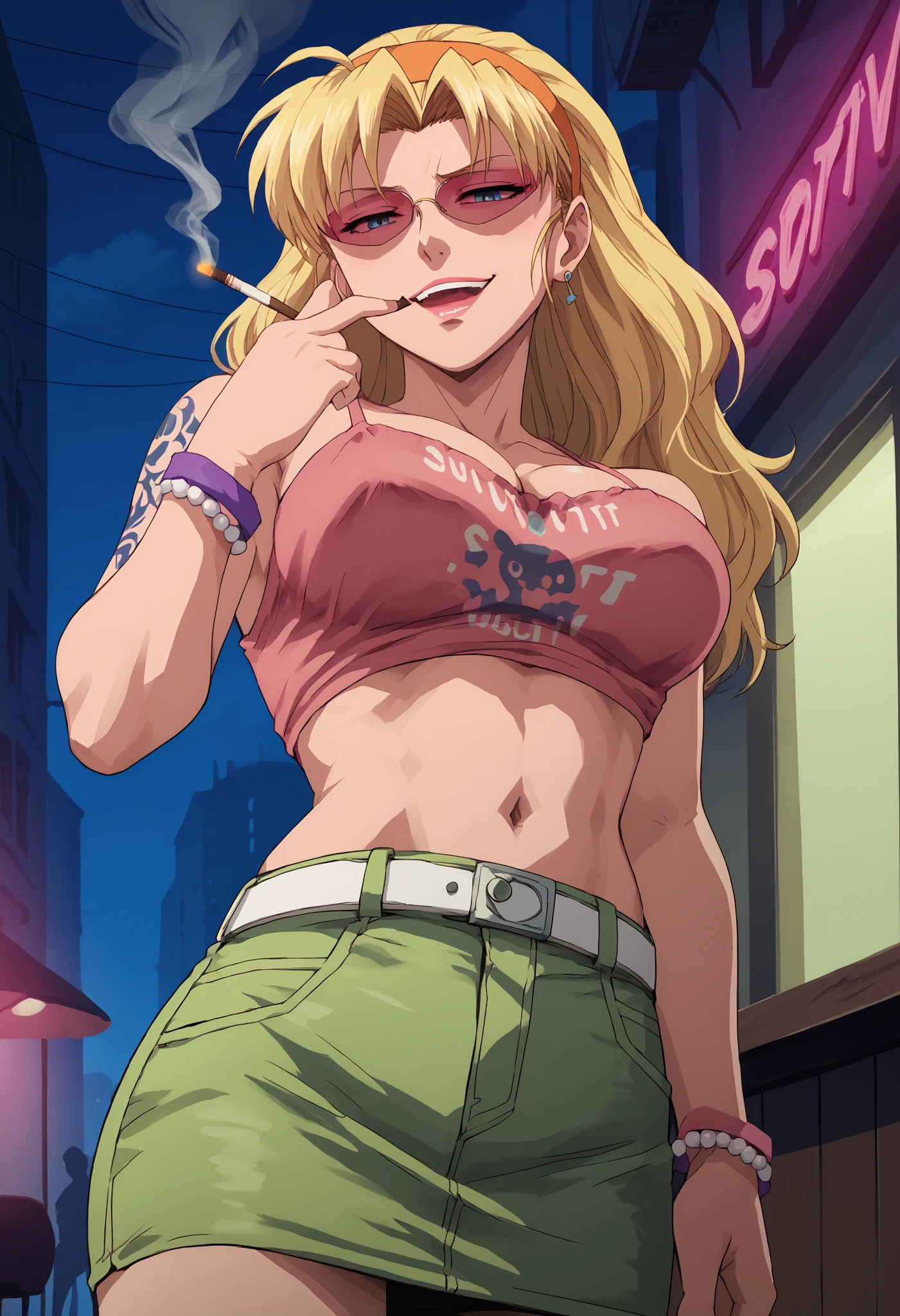 score_9, score_8_up, score_7_up, 1girl, edabl, blue eyes, blonde hair, parted bangs, large breasts, 
pink-tinted eyewear, orange hairband, pink camisole, print shirt, crop top, midriff, navel, white belt, denim skirt, green skirt, bead bracelet, purple wristband,
looking at viewer, evil smile, leaning back, smoking, cigarette in mouth, [pocky:cigarette:0.75], parted lips, teeth, bite, holding handgun, glock, weapon, finger on trigger, aiming at viewer, aiming,
outdoors, alley, dark, night, cloudy sky, foreshortening, from below,
anime screencap, anime coloring, 2000s \(style\), score_9, score_8_up, score_7_up, source_anime, anime screencap, , medium large breasts, blue eyes, navel, crop top, clothes writing, bare shoulders, tank top, sunglasses, tinted eyewear, hairband, shoulder tattoo, pink tank top, , ear piercing, long hair, blush, lipstick,Hot girl, baddie, smoking, sensual, attractive ,bar background, inside bar,indoors, cityscape, casino, nightclub, city lights, masterpiece,high quality,4k,belly,,holding pistol,cleavage, smile, open mouth, (nsfw) not safe for work, evil expression,belly, exposed navel, exposed midriff, exposed lower belly,,dragon tattoo on waist, narrowed eyes, tattoo on waist,,dragon tattoo on waist, narrowed eyes, tattoo on waist,,,dragon tattoo on waist, narrowed eyes, tattoo on waist, medium large breast,anipai_style , anime screencap , anime coloring ,,
