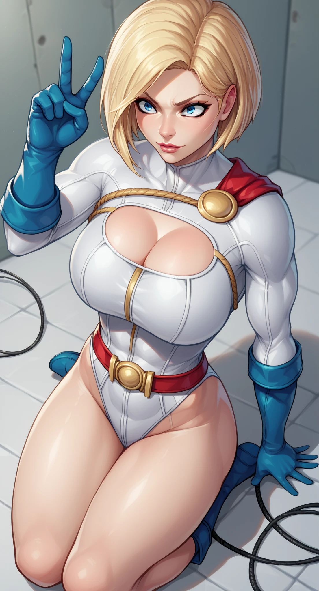 masterpiece, best quality, pwrgirl, cape, leotard, cleavage cutout, long sleeves, blue gloves, red belt, huge breasts, city, looking at viewer, from above, salute, :D, furrowed brow, hand to hip, leaning forward, missionary sex, vaginal penetration, cum inside