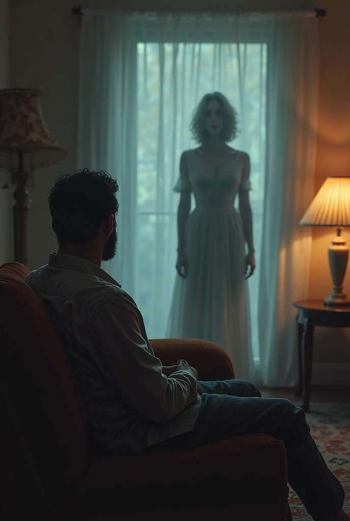 Man inside hotel room, with ghost woman
