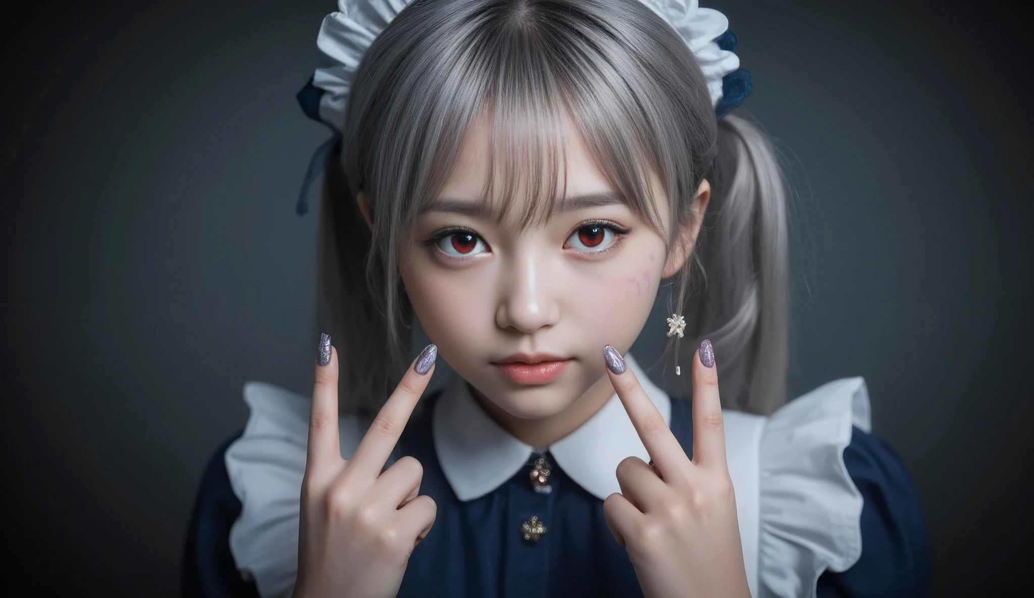 Best quality, masterpiece, 748cm style. Best quality, masterpiece, 748cm style. Beautiful girl with long silver hair and red eyes, moody lighting, cinematic shadows, emotional expression, cool-toned color palette, emo atmosphere, high definition. --ar 16:9. heart face mark, v over eye, nail polish, looking at viewer, purple nails, closed mouth, upper body, smiling, maid apron, maid headdress, collared dress, white apron, twin tails, blunt bangs, jewelry, blue dress, earrings, bonnet, multicolored hair, blue nails, side locks, blue head decoration, hands up, claws
