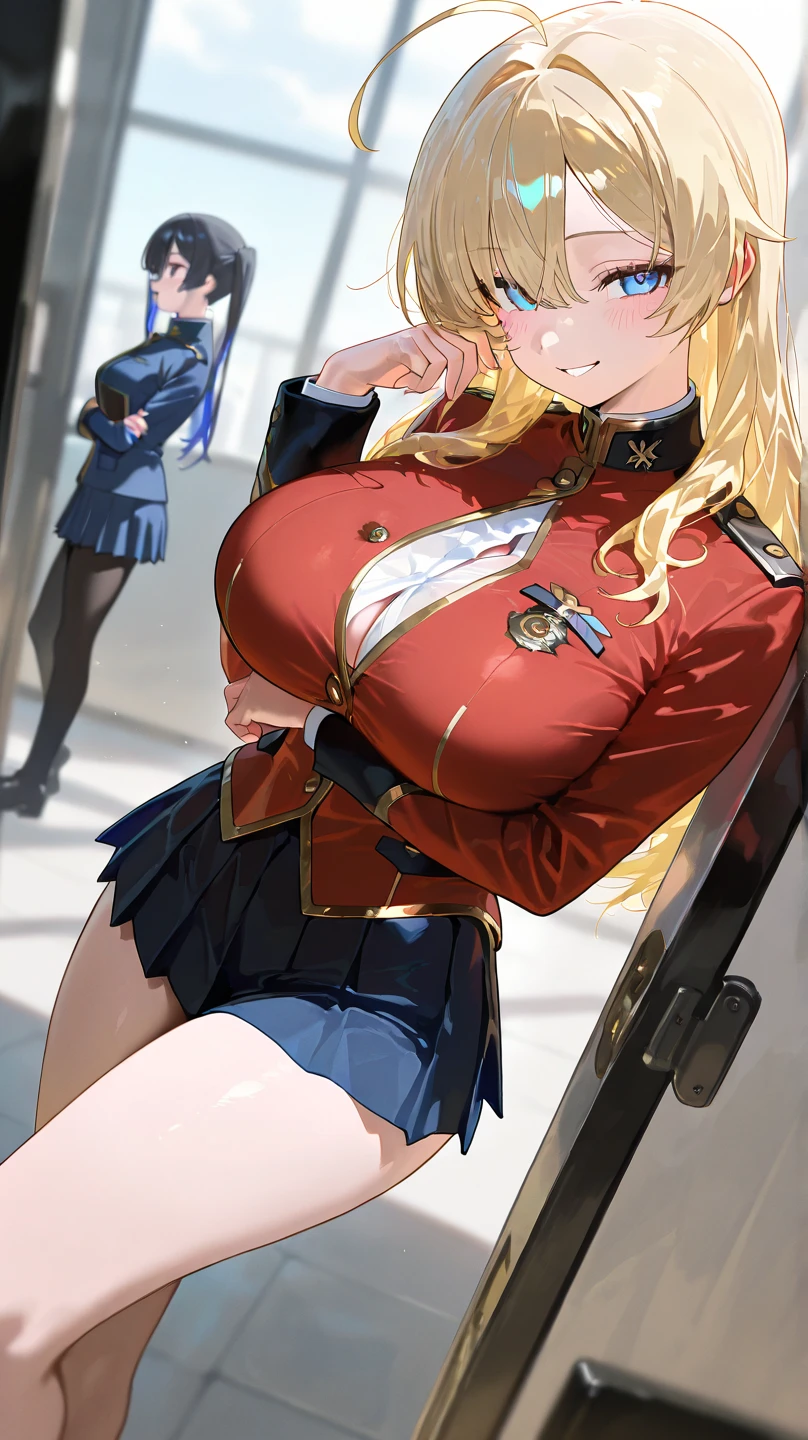 Mature beautiful woman,(Highest quality,Extremely detailed depiction,Incredibly absurd high resolution,Anatomically accurate depiction,Curvy Legs,A face with attention to detail, Eye for detail,Perfect body),(Glowing Skin,Shiny skin),(Sexy female soldier,uniform,Tight Skirt,High heels,Fishnet tights,Uniform cap,latex,garter belt),eyelash,Flashy makeup,eye shadow,Intensely glowing purple eyes,Half-closed eyes 1.3,There is cleavage in the chest,Shiny pink lipstick,Shadowed face,A seductive smile,whole body:1.1,background:military base,Dim atmosphere