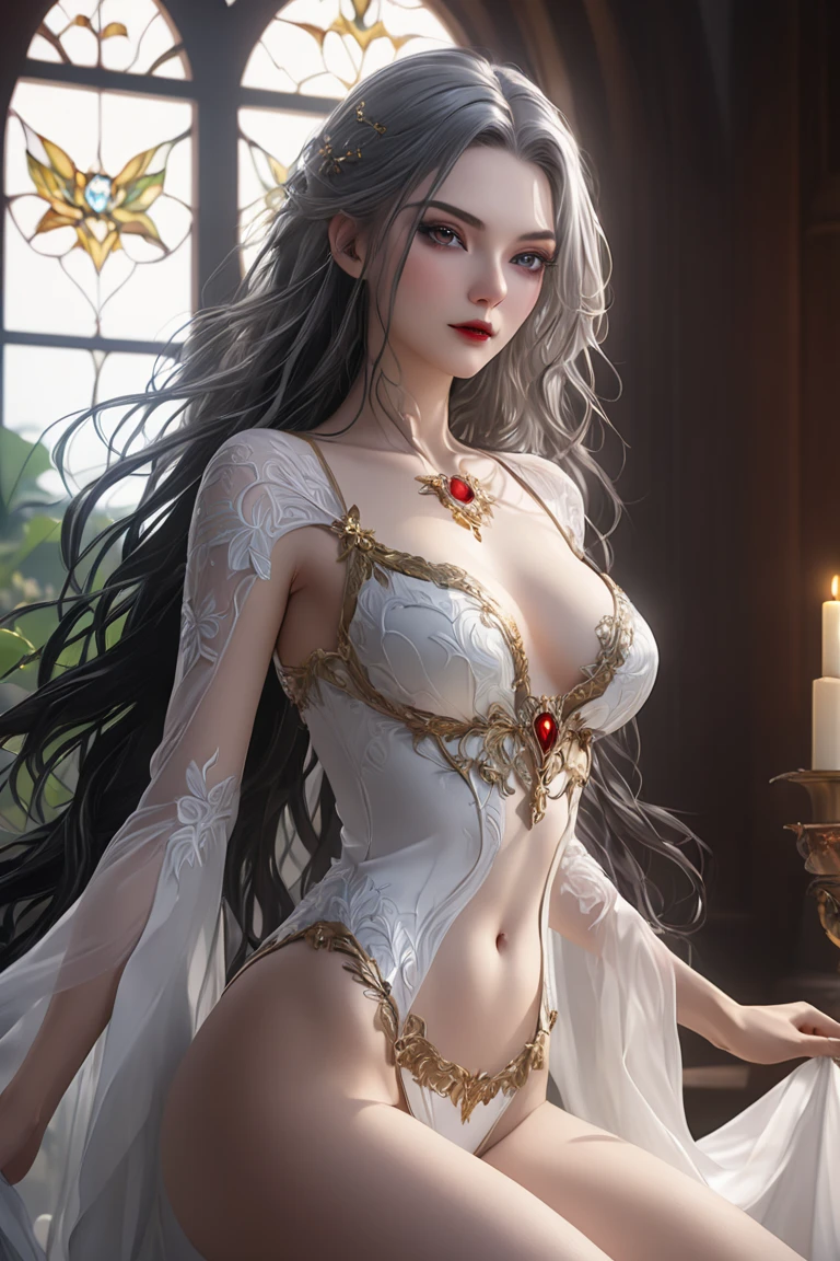 Master anime work, impeccable masterpiece, a mature female character in a sexy transparent red robe standing on a pure white background, flowing silver hair, full body standing, slender legs, straight breasts, detailed face details, natural and beautiful standing, vivid and real body details