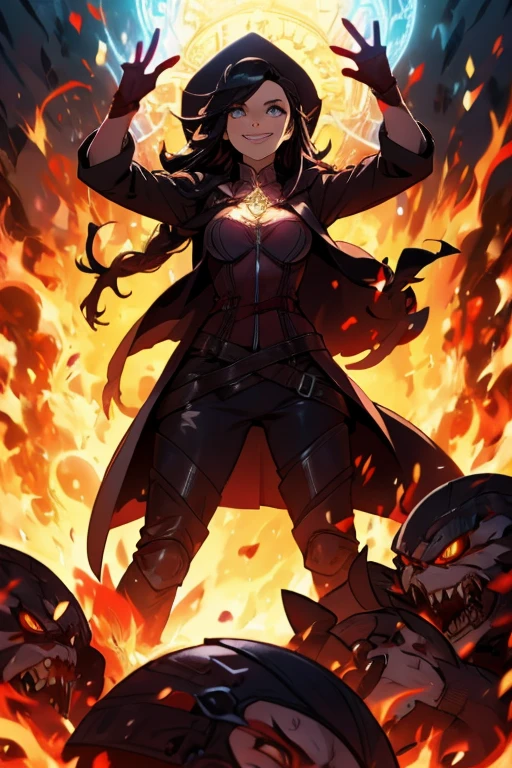 beautiful demon woman with long black hair, sharp teeth, furious, battle, glowing red eyes, bat wings on back, ram horns, angry, fight, fireball, hazbin hotel