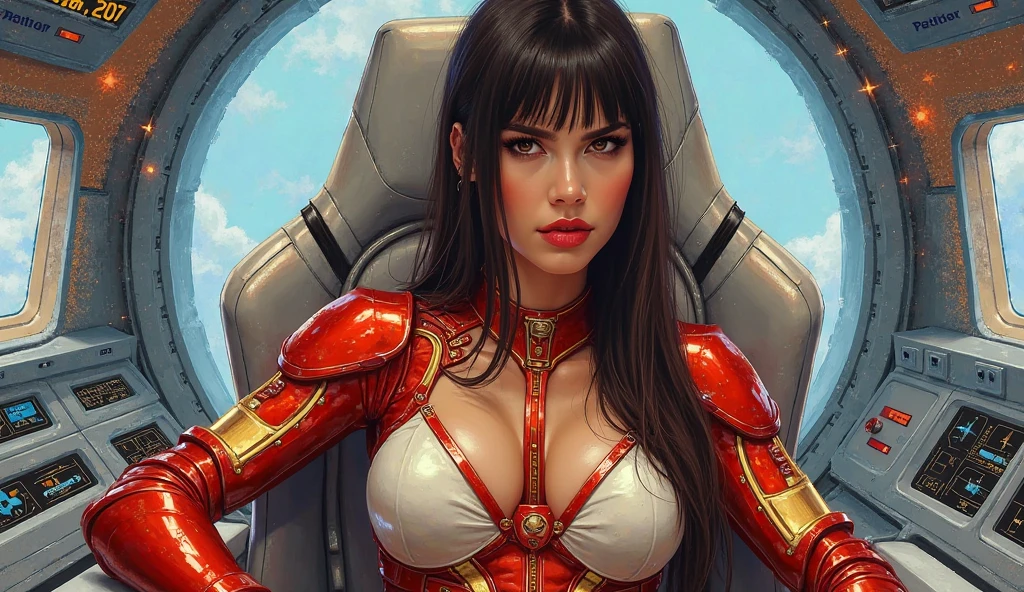 Melhor qualidade, 8k, mulher,straight black hair,linda,big fake eyelashes,looking to observer,little smile,cleavage,shiny red latex leotard over suntan shiny bodystocking,flying over white neutral scenario