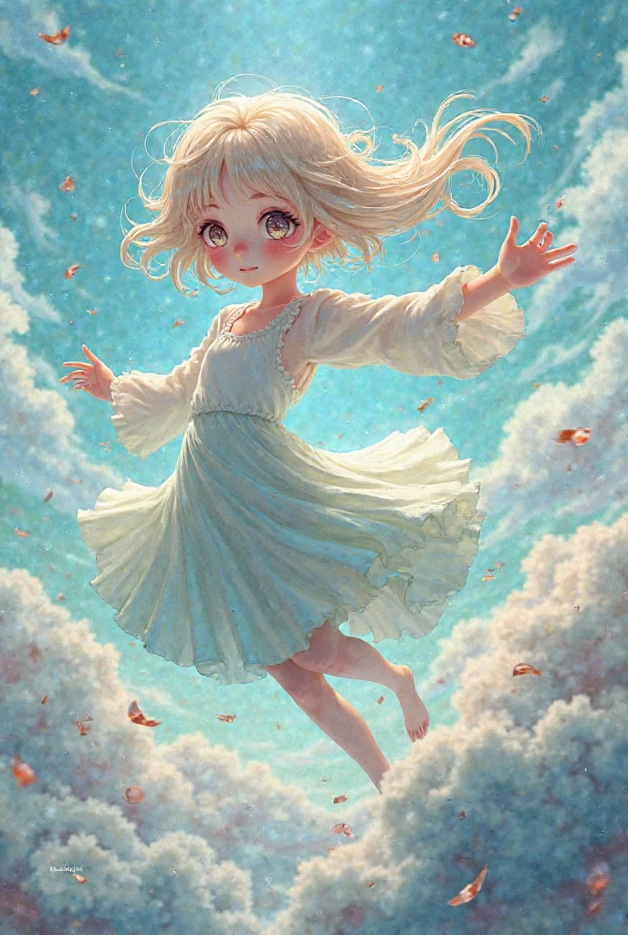 A small blonde girl, jumping from a giant flower in a sea of marshmellow --auto --s2