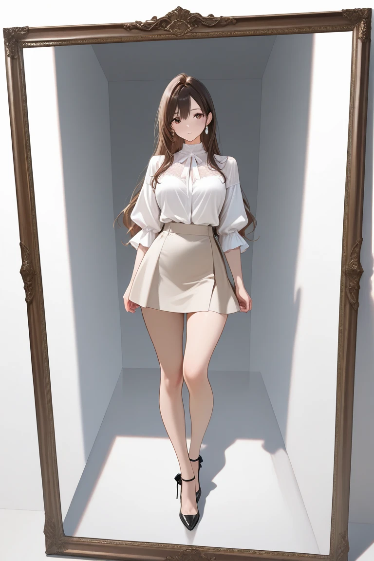 Extremely detailed, masterpiece, high resolution, realistic, 1girl, (very tall), long slender legs, small waist, (medium bust:1.2), (very long brown hair), hazel eyes, alluring eyes, unbelievably cute face, cute eyes, looking down at viewer, short white skirt, white polo shirt, tight clothes, full body shot, in bedroom, (soaking wet), just got out of shower, (incredibly wide hips:1.4)